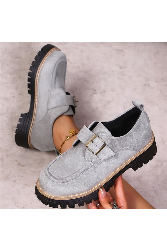 Womens Gray Platform Loafers - Re-Ro Flock Casual Shoes with Metal Buckle, Thick Serrated Sole, Comfortable for Daily Wear,Size 36