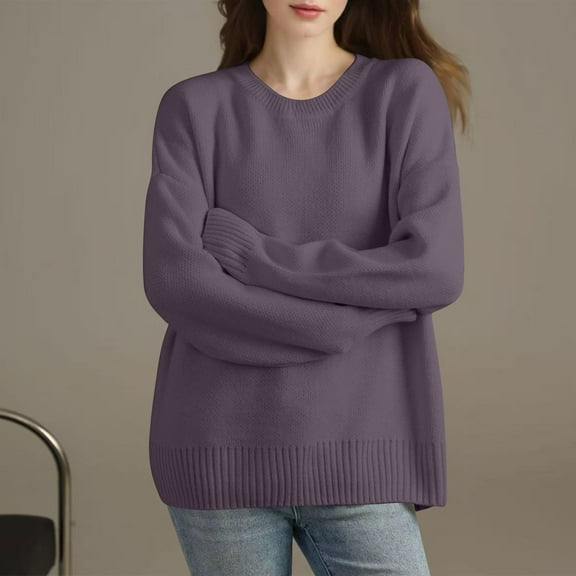 SYMOID Womens Gray Soft Acrylic Crew Neck Sweater - Oversized Relaxed Fit, Fall Winter Casual Layering Wardrobe Staple,Size L
