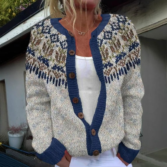 SYMOID Womens Gray Vintage Fair Isle Cardigan - Soft Acrylic, Button-Front V-Neck, Long Sleeve with Blue Trim, Inclusive Sizes S-XXXXXL, Cozy Retro Knit for Layering,Size 3XL
