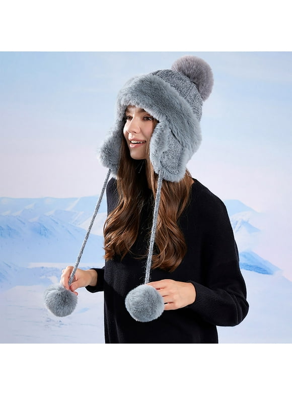 Womens Gray Winter Trapper Hat - Faux Faux Fur Lined Knitted with Pom Poms & Ear Flaps, One Size Fits Most for Cold Weather/Ski/Outdoor,Size Free Size
