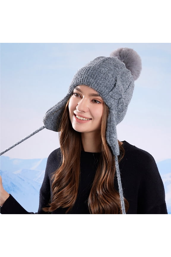 Womens Gray Winter Knit Hat - Warm Soft Nylon Spandex with Pom Pom, Bowknot & Adjustable Ear Flaps for Daily/Outdoor Cold Weather,Size Free Size