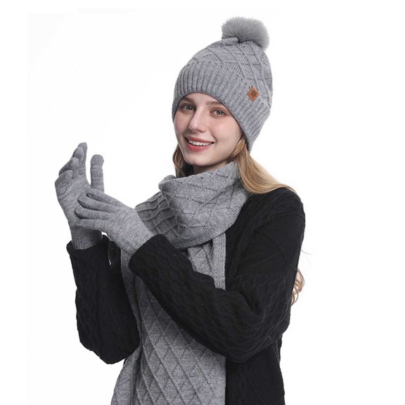 SYMOID Womens Gray Wool Winter 3-Piece Set - Hat, Scarf & Gloves with Knitted Detail, Warm for Cold Weather, Adult-Fit,Size Free Size