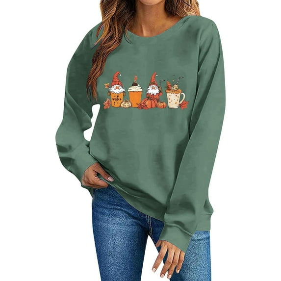SYMOID Womens Green 100% Cotton Loose Crew Neck Sweatshirt - Cute Autumn Gnome Pumpkin Graphic Fall Festive Top for Hall-oween Thanksgiving Daily Casual Wear,Size 2XL