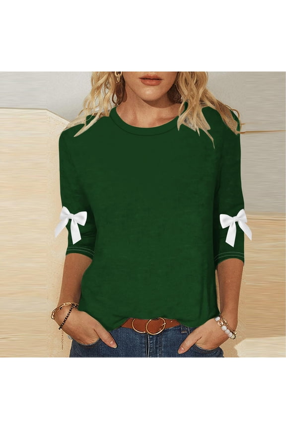 Womens Green Casual Bow Detail Top - Three-Quarter Sleeve, Soft Stretch Polyester Spandex, Loose Fit, S-XXXXXL for Daily Wear,Size 2XL