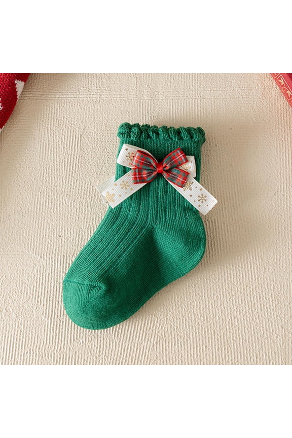 Womens Green Christmas 100% Cotton Ankle Socks - Ruffled Cuff, Plaid Bow & Snowflake Ribbon, S-XL Sizes, Soft Festive Socks for Holiday & Daily Wear,Size 9 T