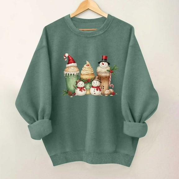 SYMOID Womens Green Christmas Cotton Sweatshirt - Oversized Crew Neck Long Sleeve with Snowman Holly Print, S-XXL Festive Holiday Casual Top,Size S