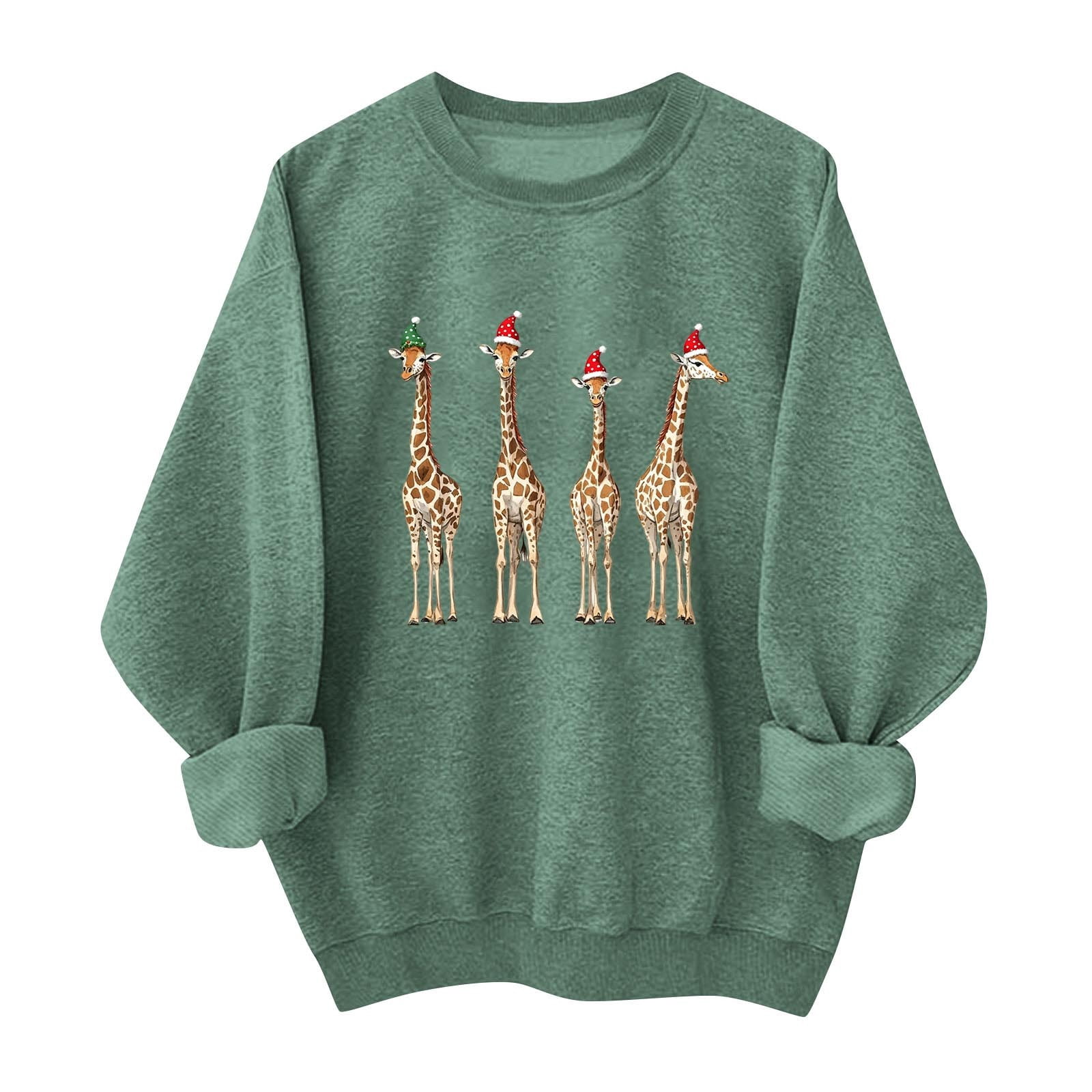 SYMOID Womens Green Christmas Giraffe Crewneck Sweatshirt, 100% Cotton Loose Fit Festive Graphic with Santa/Elf Hat,Size 2XL