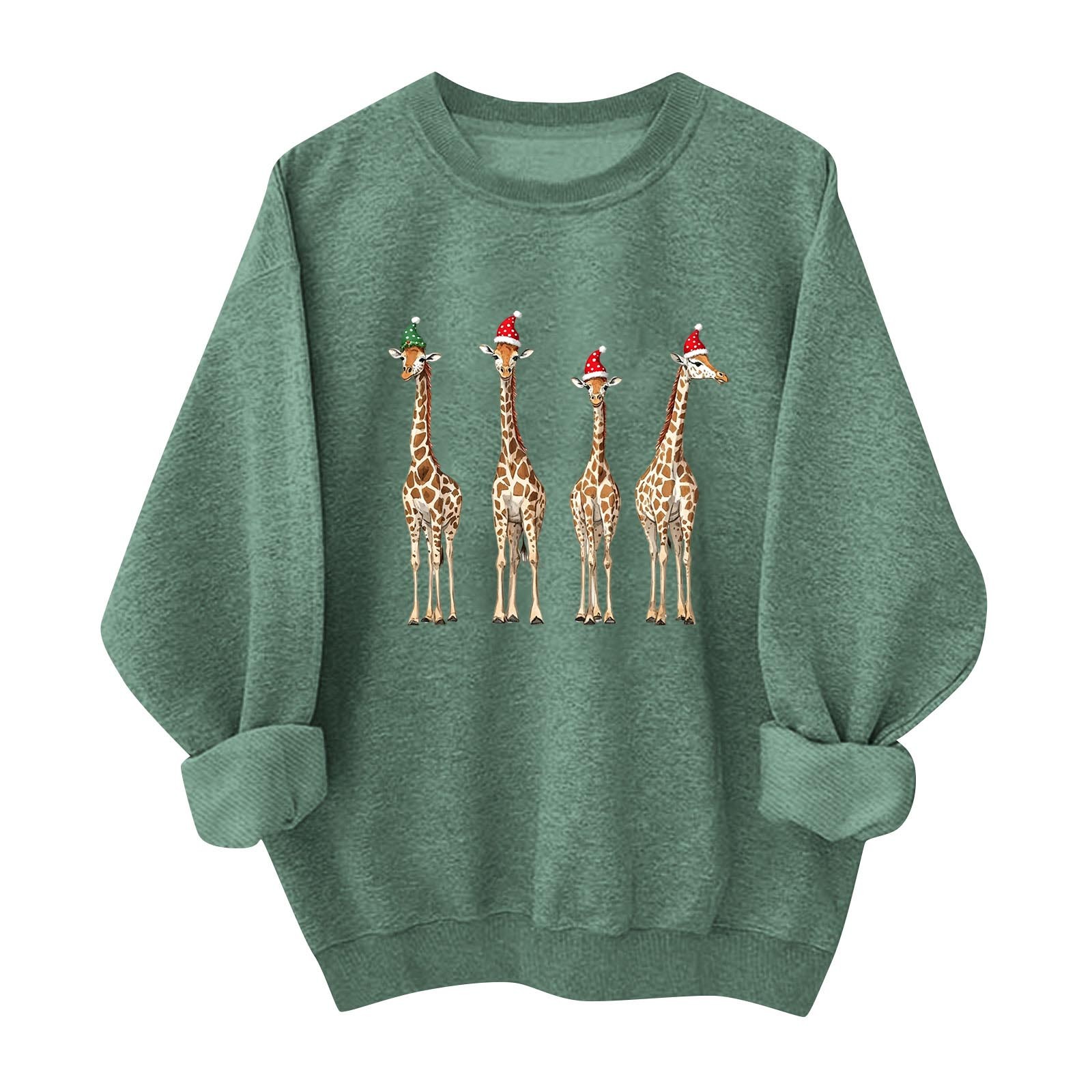 SYMOID Womens Green Christmas Giraffe Crewneck Sweatshirt, 100% Cotton Loose Fit Festive Graphic with Santa/Elf Hat,Size L