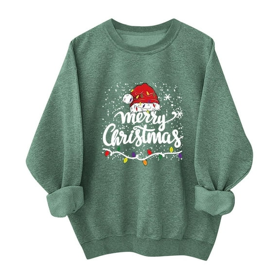 SYMOID Womens Green Christmas Sweatshirt, Cotton Oversized Crew Neck, Festive Graphic, Loose Fit, S-XXL,Size M