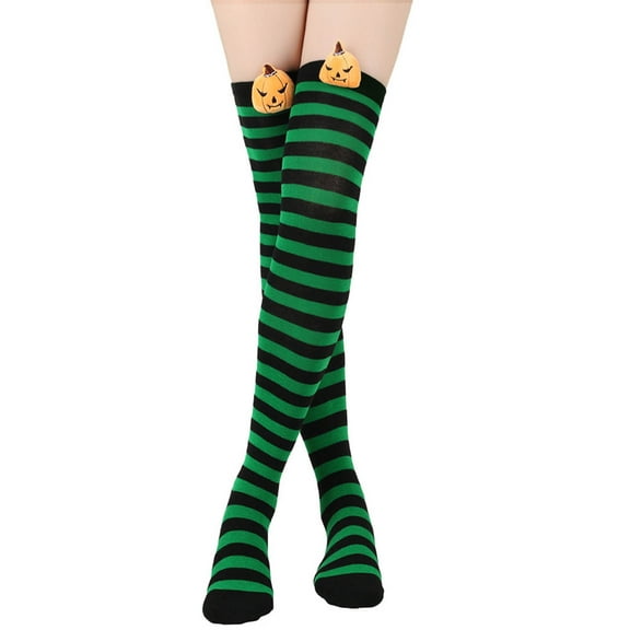 SYMOID Womens Green Hall-oween Over-the-Knee Socks - Striped with Pumpkin Accent, 100% Polyester, Free Size for Hall-oween Costume & Party Use,Size Free Size