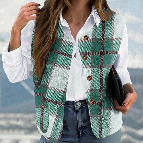 SYMOID Womens Green Plaid Vest Sleeveless Button Down for Casual Layering Fall Outfits and Everyday Wear,Size 2XL