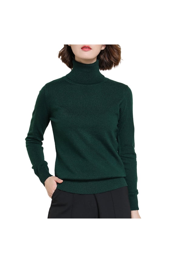 Womens Green Turtleneck Sweater - Stretch Fitted Long Sleeve, Soft Knit with Ribbed Cuffs/Hem, 95% Polyester 5% Spandex, S-XXXL for Casual & Office Layering,Size S