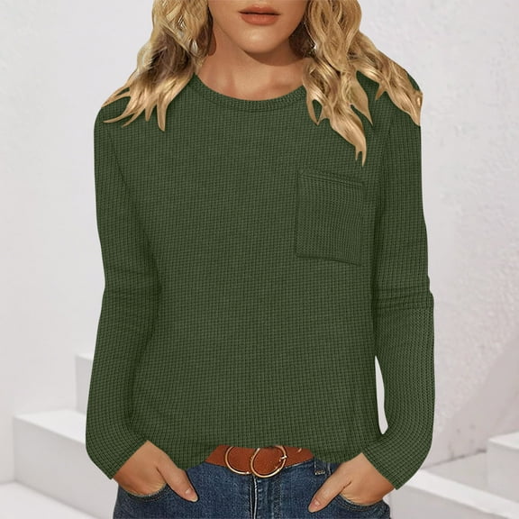 SYMOID Womens Green Waffle Knit Long Sleeve Top - Crew Neck Stretchy Relaxed Fit with Chest Pocket, Casual Layering/Daily Wear (S-XXL),Size S