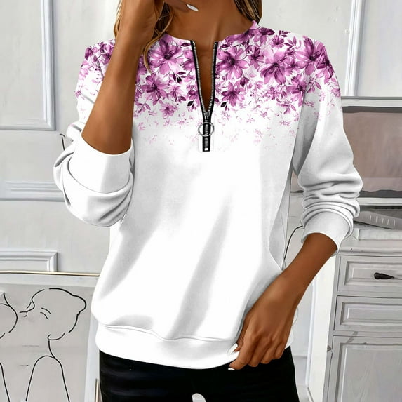 SYMOID Womens Half Zip Sweatshirt - Watercolor Purple Floral Print, 100% Polyester Loose Fit Long Sleeve with Metal Ring, Multicolor Casual Versatile,Size 2XL