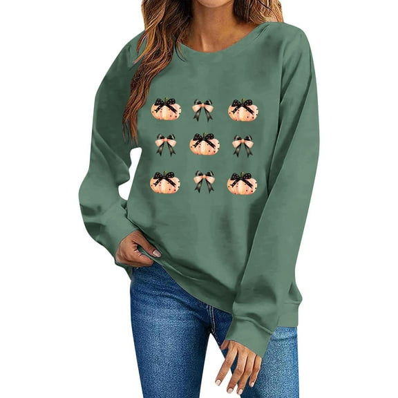 SYMOID Womens Hall-oween 100% Cotton Pumpkin Bow Print Sweatshirt, Casual Crew Neck Long Sleeve, Green, S-XXL,Size 2XL