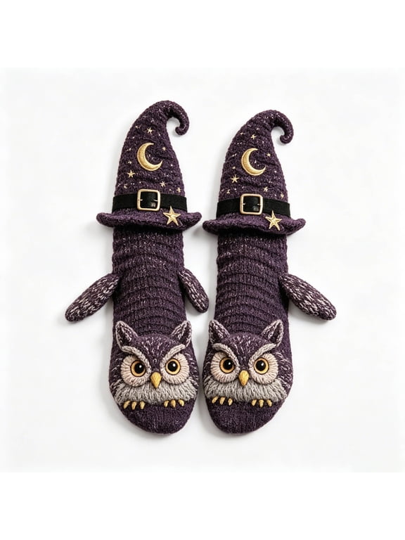 Womens Hall-oween Novelty Crew Socks-3D Embroidered Witch Hat and Moon Star Cozy Socks,Size Free Size