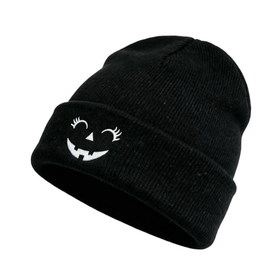 SYMOID Womens Hall-oween Pumpkin Beanie Embroidered Black Knit Cuffed Winter Hats,Size Free Size