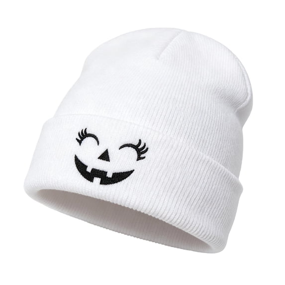SYMOID Womens Hall-oween White Pumpkin Embroidered Beanie, Cuffed Knit Winter Hats,Size Free Size