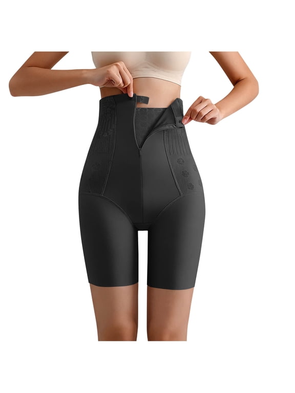 Womens High Waist Shapewear Shorts, Tummy Control Mid-Thigh Body Shaper with Zipper Hook Waistband and Lace Accent,Size XL