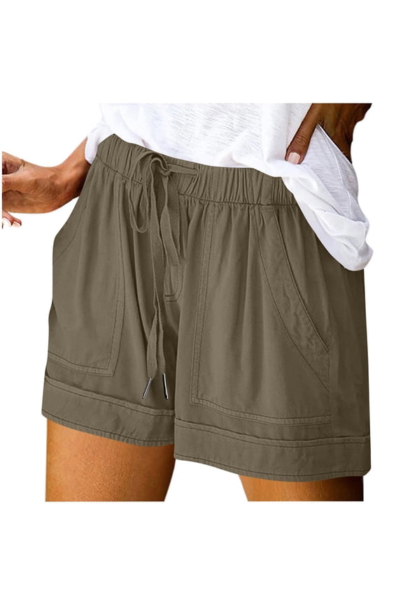Womens High Waisted 100% Cotton Drawstring Shorts Side Pockets Relaxed Fit Casual Summer Bottoms Plus Size (Brown),Size M