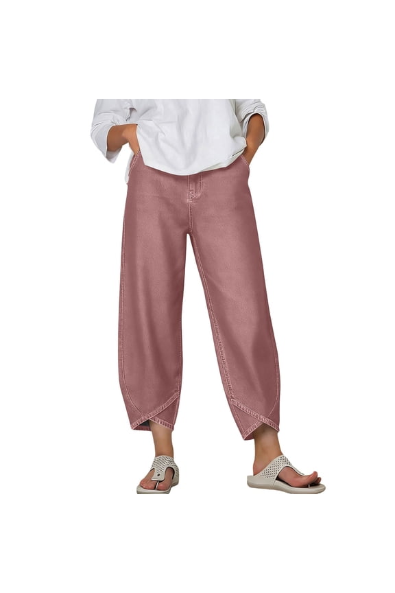 Womens High Waisted Barrel Pants Wide Leg Crop Soft Rayon Blend Culottes Gaucho Pants with Pockets Casual Trendy Work Trousers Pink,Size 2XL