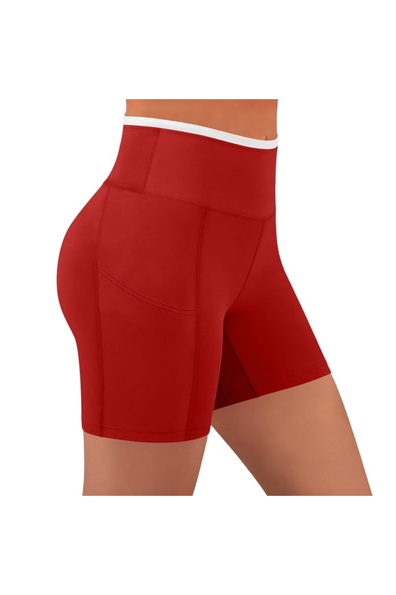 Womens High Waisted Biker Shorts with Pockets 5" Inseam Tummy Control Compression Yoga Running Shorts Red,Size L