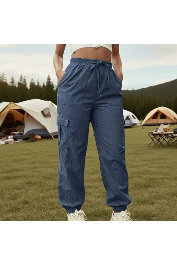 Womens High Waisted Cargo Joggers with Elastic Ankles, Multi-Pocket & Adjustable Drawstring, Stretch Nylon Spandex Blend, Blue,Size 2XL