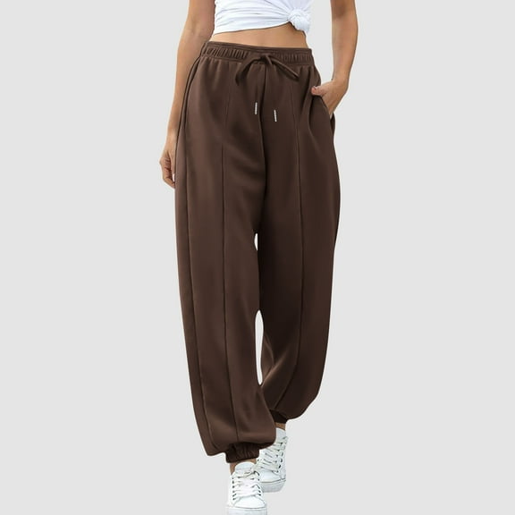 SYMOID Womens High Waisted Coffee Jogger Pants 100% Polyester Elastic Drawstring Waist Cuffed Ankles Side Pockets,Size L