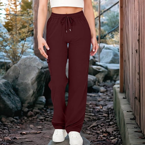 SYMOID Womens High Waisted Drawstring Cargo Pants 100% Polyester Loose Straight Leg with Spacious Cargo Pockets Casual Comfort Wine,Size XL
