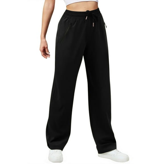 SYMOID Womens High Waisted Loose Straight Leg Casual Pants - 100% Polyester, Zipper Side Pockets, Elastic Drawstring Waist, Black - Comfort for Daily/Work/Yoga,Size 2XL