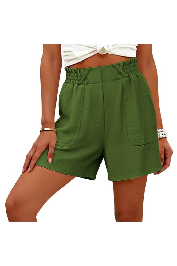 Womens High Waisted Ruffle Hem Shorts with Pockets Elastic Waist Wide Leg Pull On Summer Shorts 100% Polyester Army Green,Size 2XL