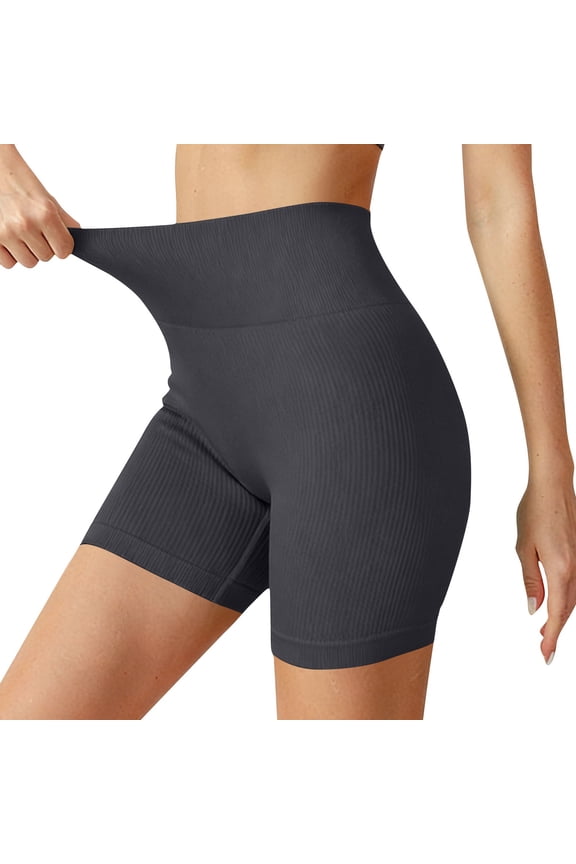 Womens High Waisted Seamless Ribbed Biker Shorts Tummy Control Compression Yoga Workout Nylon Spandex Gray,Size M
