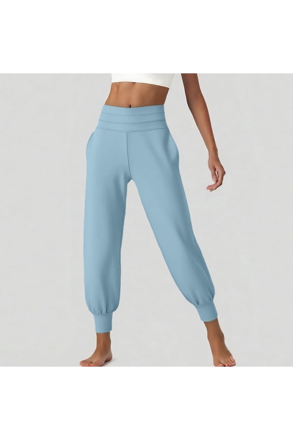 Womens High Waisted Stretch Jogger Pants - Tummy Control, Side Pockets, Polyester Spandex, Light Blue,Size 3XL