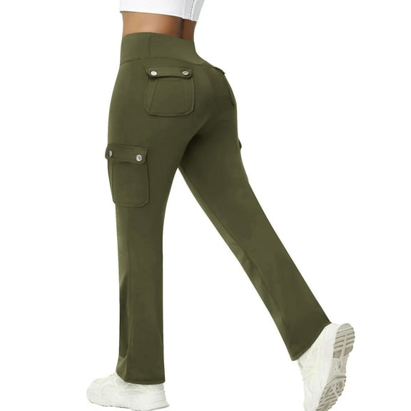 SYMOID Womens High Waisted Stretchy Flared Cargo Pants Army Green - Multiple Pockets Retro Chic Casual Work Pants,Size M