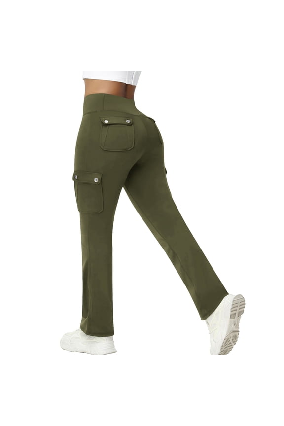 Womens High Waisted Stretchy Flared Cargo Pants Army Green - Multiple Pockets Retro Chic Casual Work Pants,Size M