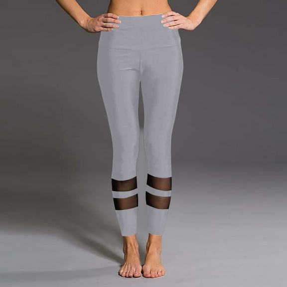 SYMOID Womens High Waisted Tummy Control Mesh Panel Ankle Length Polyester Active Leggings - Gray,Size S