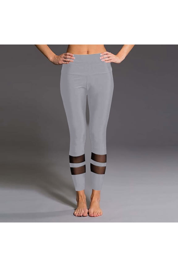 Womens High Waisted Tummy Control Mesh Panel Ankle Length Polyester Active Leggings - Gray,Size XL