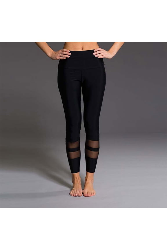 Womens High Waisted Tummy Control Mesh Panel Ankle Length Polyester Workout Leggings - Black,Size S