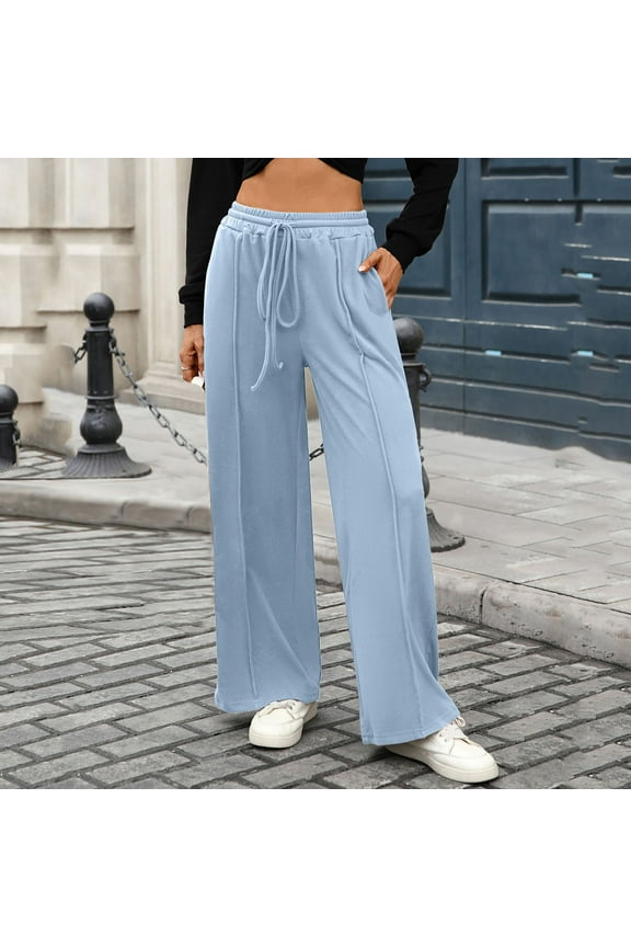 Womens High Waisted Wide Leg Pants with Pockets - Stretchy Nylon Spandex Blend, Light Blue | Elastic Drawstring Waist, Casual Comfort for Daily Wear,Size XL