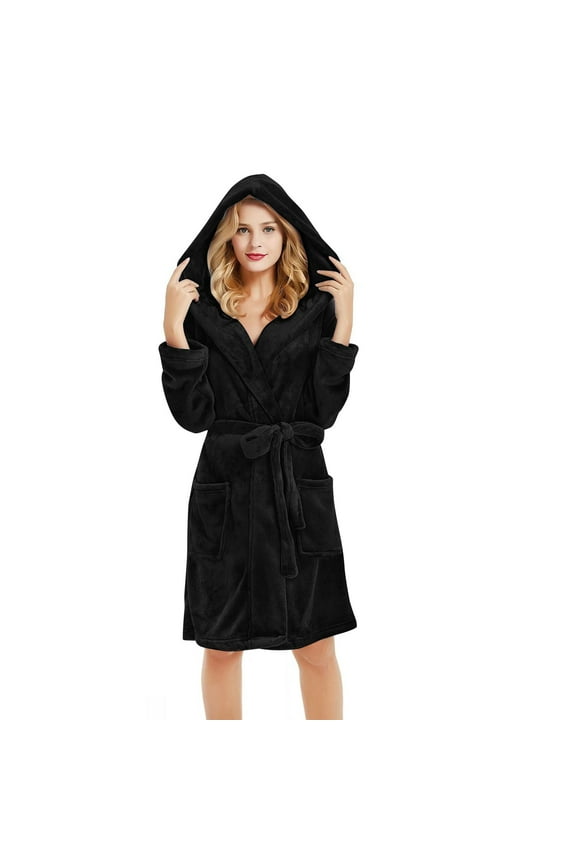 Womens Hooded Bathrobe - 100% Polyester Plush, Knee-Length with Matching Eye Mask, Front Pockets, Self-Tie Belt, Cozy Spa-Like Home Wear, Black, S-XXL,Size M
