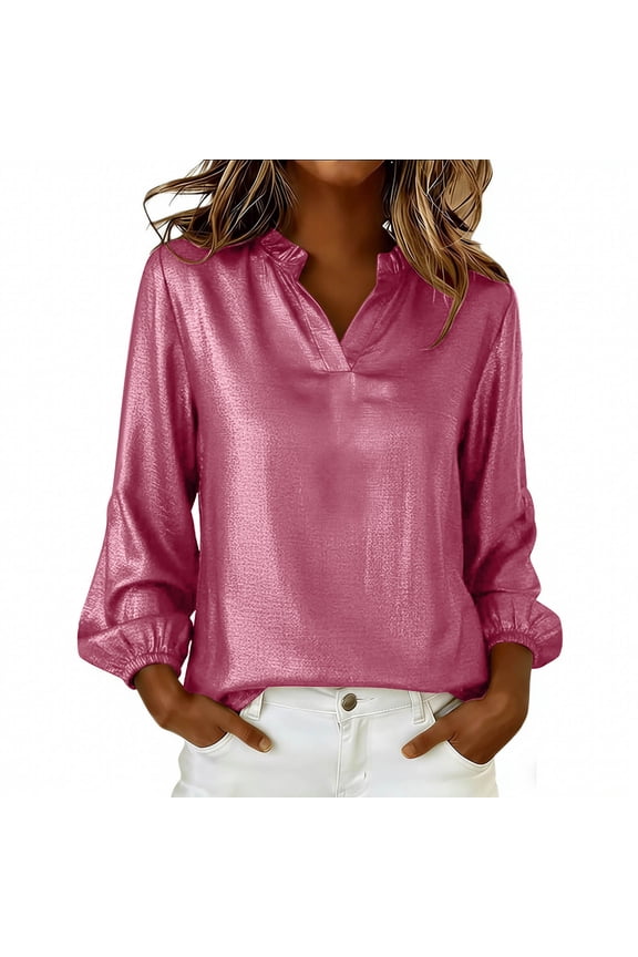 Womens Hot Pink Metallic Top Long Sleeve with Puff Sleeves & V-Neck, Shimmer Blouse for Party, Night Out or Casual,Size 2XL