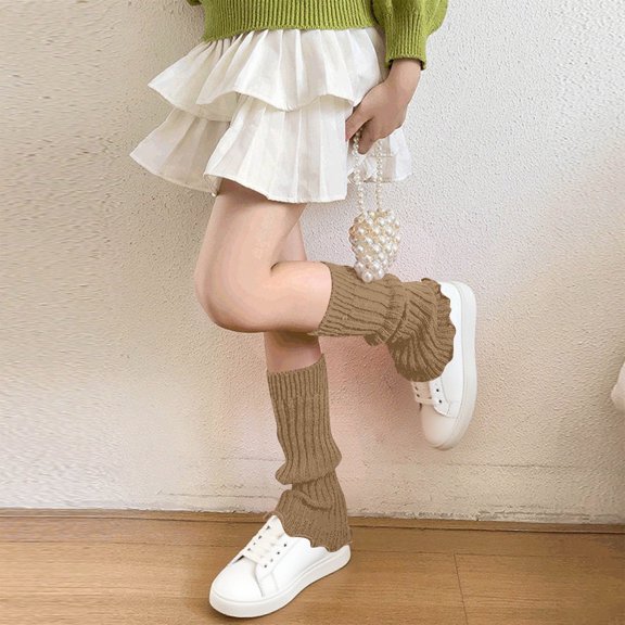 SYMOID Womens Khaki Acrylic Rib Knit Leg Warmers - Soft & Warm, One Size Fits All, Scalloped Edge, Ideal for Fall & Spring,Size Free Size