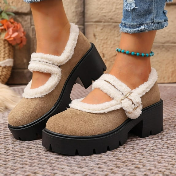 SYMOID Womens Khaki Chunky Platform Mary Janes - Faux Shearling Warm Winter Shoes with Soft Flock Upper, Metal Buckle, 2.5-3 inch Heel, Sizes 36-43,Size 36