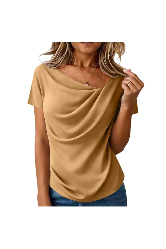 Womens Khaki Cowl Neck Short Sleeve Top, Asymmetric Ruched Shirt with Tummy Control for Work & Casual Wear,Size S