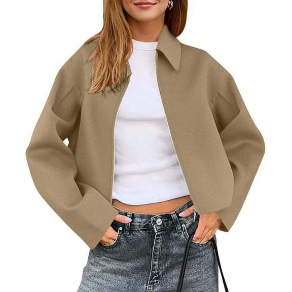SYMOID Womens Khaki Cropped Jacket - Nylon Spandex, Relaxed Fit with Collared Open Front, Lightweight Breathable for Spring/Fall Layering, Dropped Shoulders, S-XXL,Size L