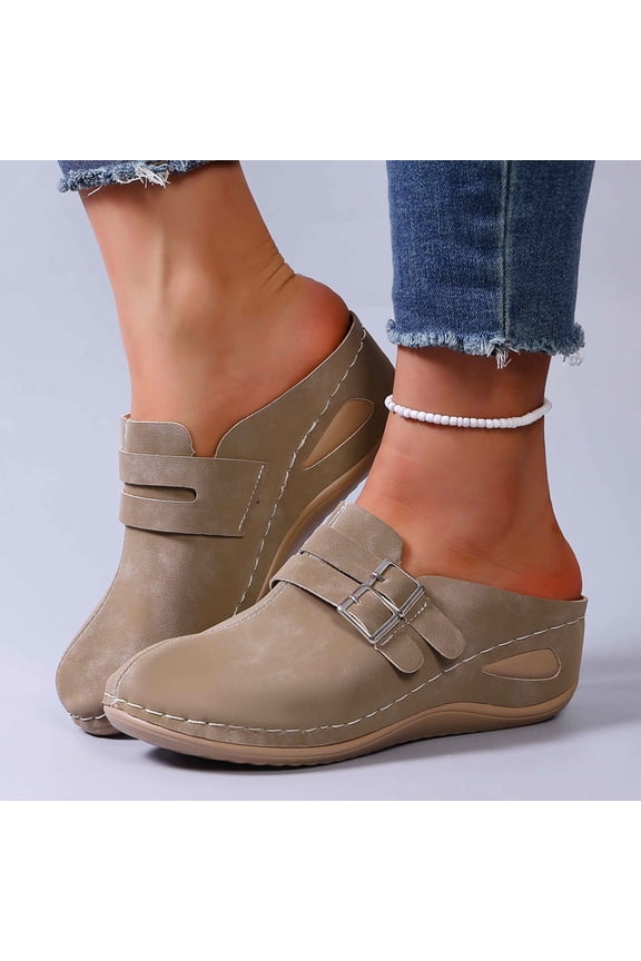 Womens Khaki Flock Mules - Double Metal Buckle Wedge Slip-on Slippers, Comfortable & Skin-Friendly for Daily Casual/Office Wear (Us 5-10/Eu 36-43),Size 36