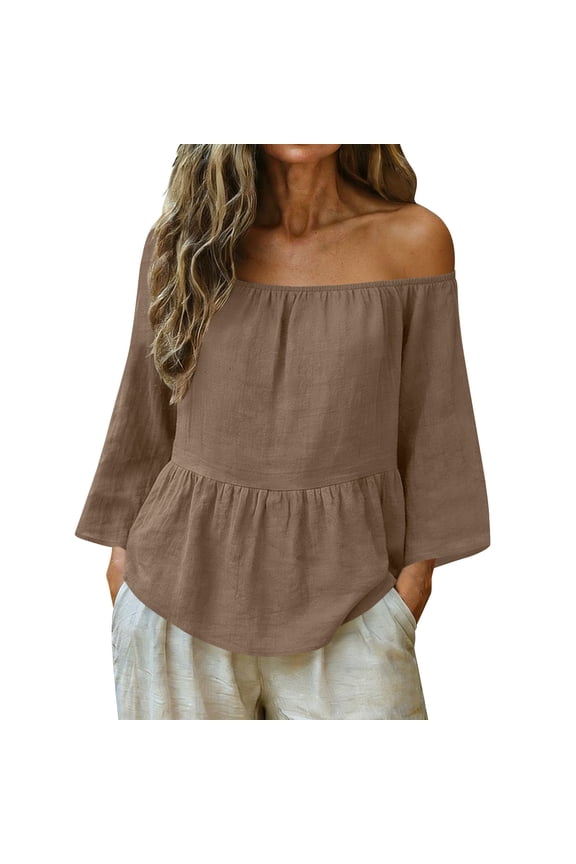Womens Khaki Peasant Top Off Shoulder Blouse, Boho Peplum Tunic with Flared Sleeves for Casual Loose Fit Everyday Wear,Size XL