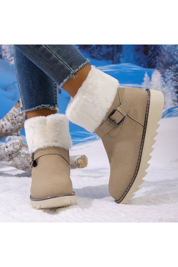 Womens Khaki Winter Ankle Snow Boots - Warm Faux Faux Fur Lined Pu Faux Leather Boot with Anti-Slip Platform & Buckle Strap for Daily Casual Wear,Size 39