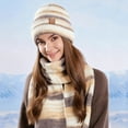 thumbnail image 1 of SYMOID Womens Khaki Winter Hat and Scarf Set, Warm Fleece Lined Nylon-Spandex Striped, Free Size for Fall Winter Daily & Outdoor Use,Size Free Size, 1 of 4