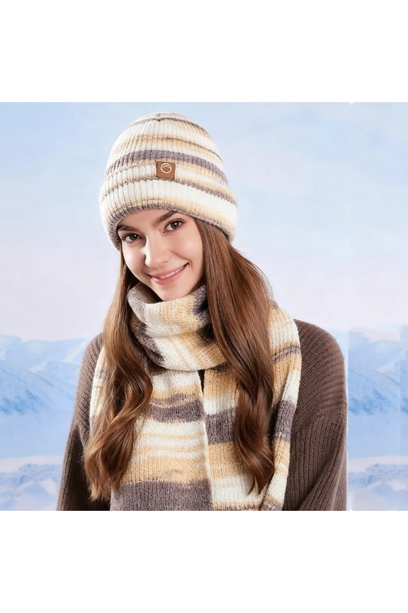 Womens Khaki Winter Hat and Scarf Set, Warm Fleece Lined Nylon-Spandex Striped, Free Size for Fall Winter Daily & Outdoor Use,Size Free Size